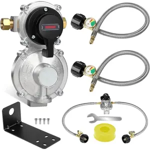 2-Stage Automatic Changeover LP  Gas Regulator with Two 18" RV Pigtail  Hoses with Gauge, Stainless Braided QCC1 1/4" Inverted Male Flare, Ideal for  and Camper RVs
