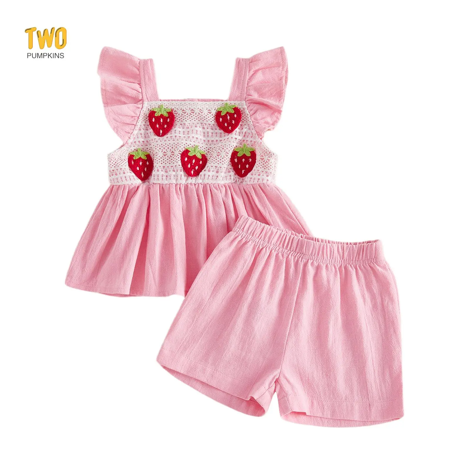 Toddler Baby Girl Strawberry Outfit Embroidery Strawberry Fly Sleeve Tank Tops Dress Shorts Set Cute Summer Clothes