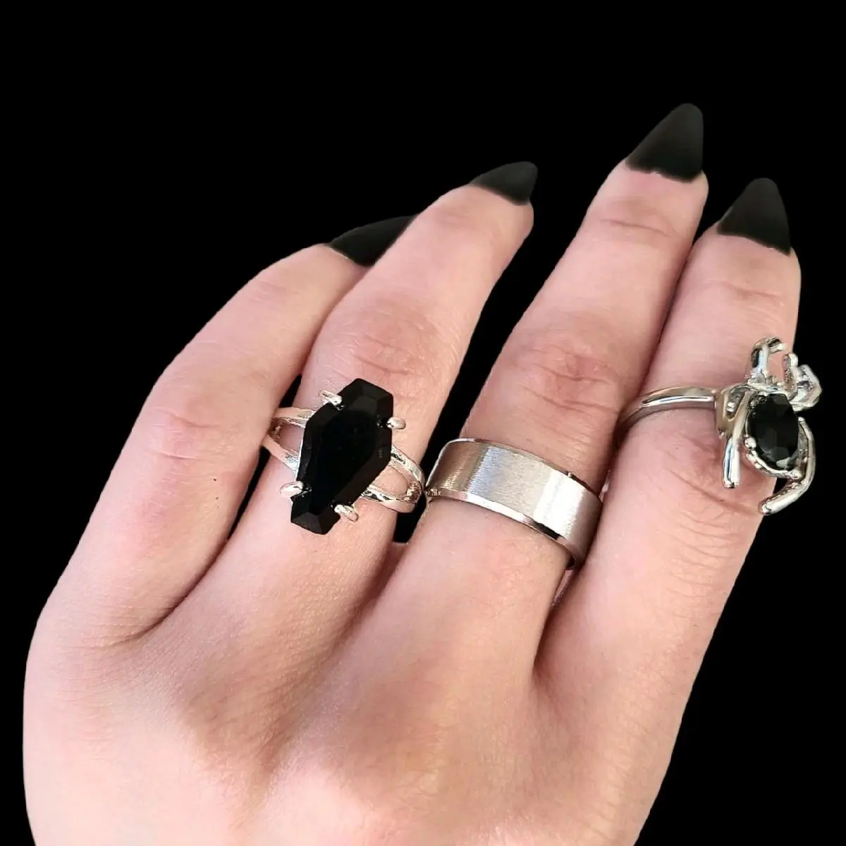 Black Silver Crystal Coffin Ring - Gothic