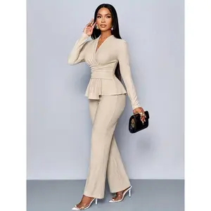 Women's Apricot Color Elegant V-Neck Long Sleeve Asymmetrical Hem T-Shirt & Wide-Leg Pants Two Piece Set, Casual Daily Wear