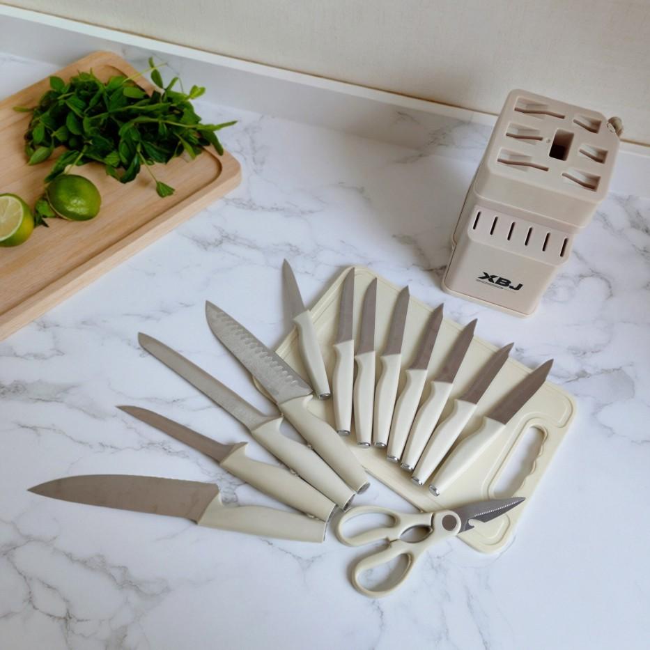 15-Piece Kitchen Knife Set: Solid Wood & Plastic Knife Block, Including Chef's Knife, Japanese-Style Knife, Meat/Vegetable Knife, Chicken Bone Knife, German-Style Steak Knife. Multi-Color Stainless Steel, Ideal for Home Storage & Gifting. Silicone Cutting