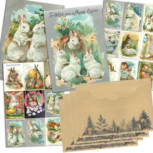 Vintage Garden Rabbit Theme Postcard Set, 52pcs/set Including 12 Sheets Writable Postcard & 36pcs Sticker & 4 Counts Envelopes, Scrapbooking Supplies, Junk Journal, Crafts, Blessing Postcard