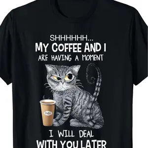 Shhh I'm Bonding With My Coffee Funny Cat Graphic Cotton T-Shirt, Cute Tabby Cat Coffee Lover Casual Outfit Ideal Valentine & Holiday Gift
