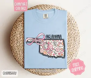 Oklahoma Floral Bow Comfort Colors T-shirt, Cute Trendy Tee, State Coquette Oversized Top