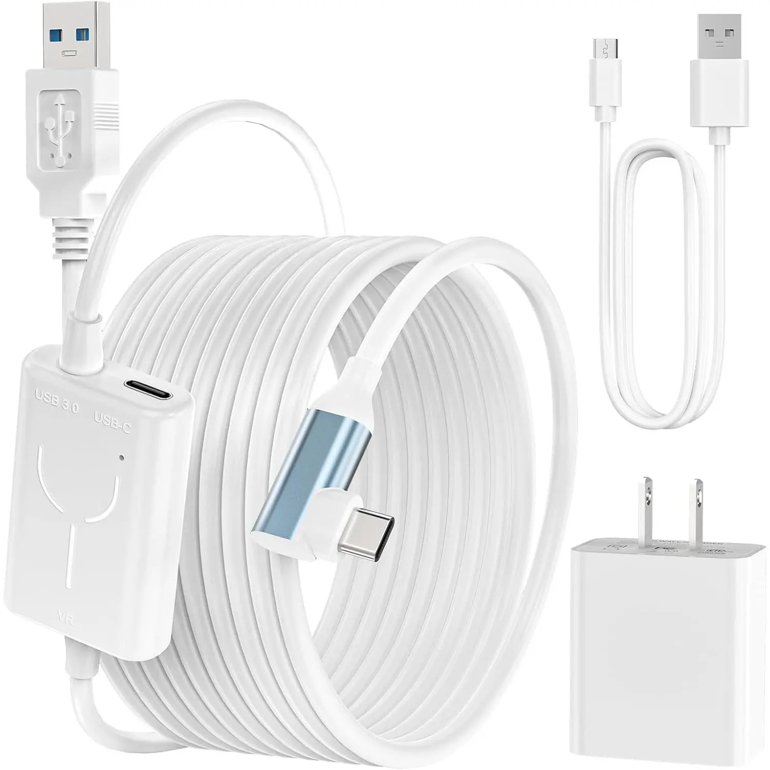 16FT VR Headset Cable, USB 3.0 to USB-C Chargeable Cord with Adapter, Separate Charging Port & High-Speed PC Gaming Data Transfer Wearable Accessory for Oculus Quest 2/1