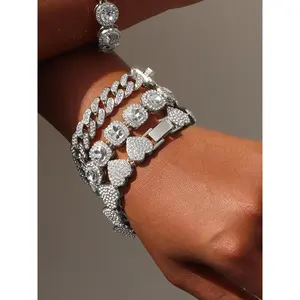 【Flash Sale】Mother's Day and Father's Day Gifts Silver Plated Iced Out Rhinestone Heart & Geometric Chain Bracelet Set, Stackable Sparkly Tennis & Cuban Style Jewelry for Women Girls