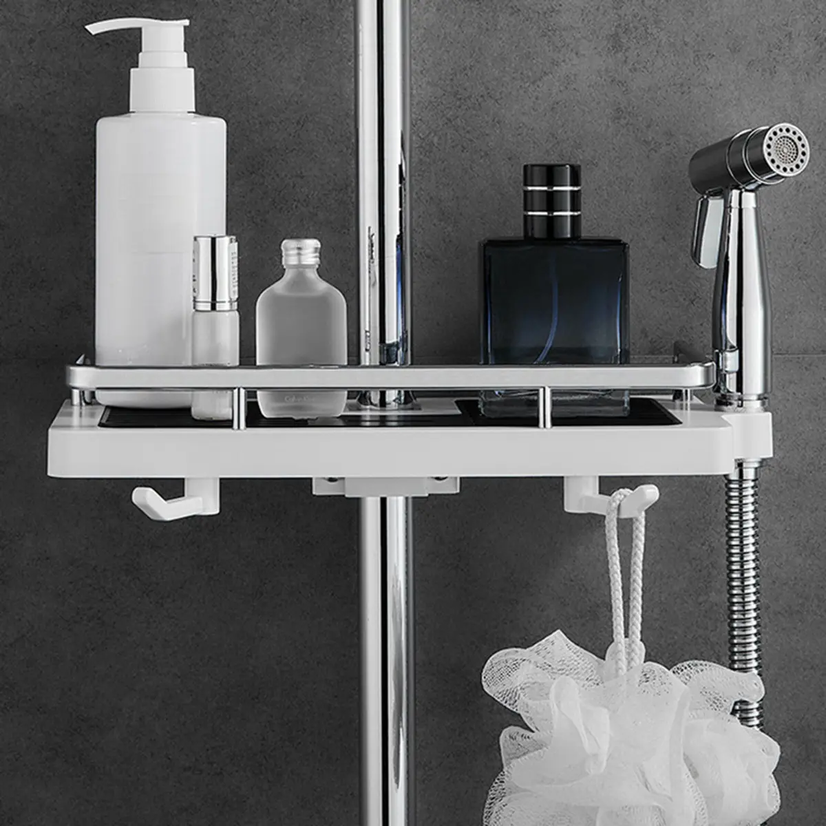 Bathroom shower rack, perforation-free bathroom shower bar tray, household, multi-functional bathroom shower bar rack with hook, easy to remove shower tray, bathroom towel hook for bath ball storage, bathroom storage good things