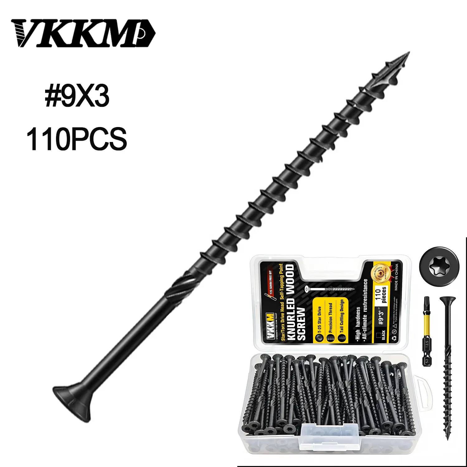 VKKM 110Pcs #9 x 3 Inch Black Torx Star Drive Knurled Wood Screws, Self Tapping Exterior Weather Resistant Deck Screws with Free T25 Bit, Flat Head Wood Fasteners for Outdoor Deck Fence Wood Construction Projects