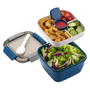52-oz Salad Lunch Container with Dressings and Toppings 3 Compartments for Men and Women Tableware Lunch Boxes Leak-proof Design with Lid and Fork Safe Food Grade Material Easy Carry for Work Picnic Travel