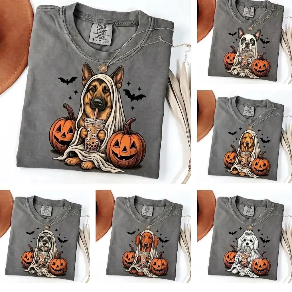 Comfort Colors Dog Shirt: 50+ Breeds Available - Custom Ghost & Boba Tea Halloween Tee
