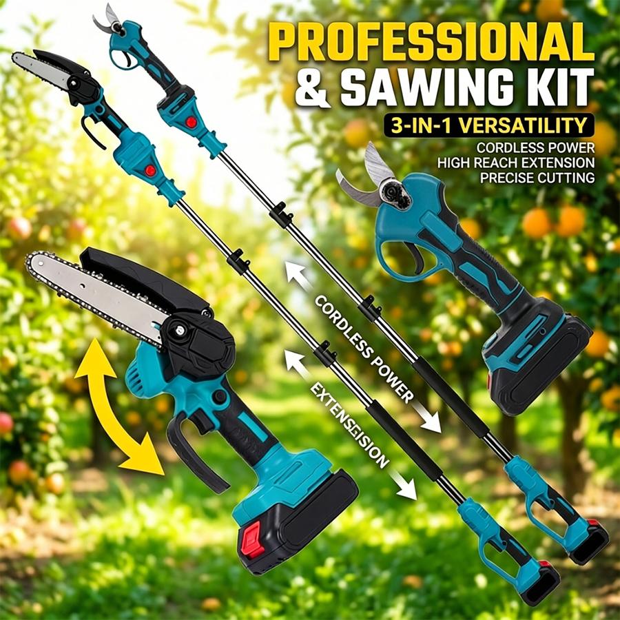 3-in-1 Cordless Pole Saw & Mini Chainsaw Garden Tools Set with 2 Batteries, Extension Pole, Garden Scissors for Tree Trimming, Limb Branch Cutter for Outdoor Use, Father's Day Gift