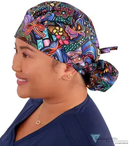 Stylish Banded Bouffant Ponytail Scrub Cap - Nighttime in the Garden