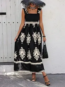 Smocked Printed Wide Strap Maxi Dress