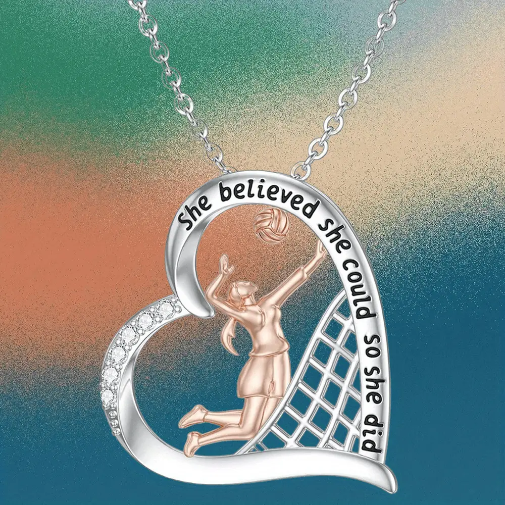 Stainless Steel Heart-Shaped Volleyball Pendant Necklace - Engraved "She Believed She Could So She Did", Unisex Sports Alloy Chain, Silvery Motivational Gift for Athletes, Fashion Costume Jewelry