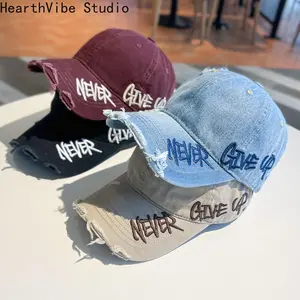 2026 Women's hat, fashionable retro washed and old blue baseball cap, retro letter side embroidery ripped edge peaked cap, simple wide brim to show a small face, -proof mountaineering hat, unisex versatile style, adjustable size