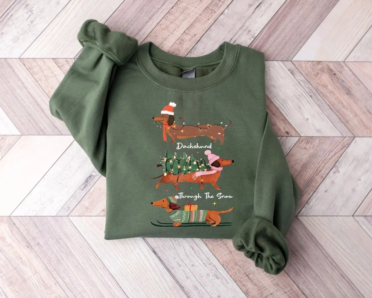 Dachshund Through the Snow Sweatshirt, Funny Wiener Dog Christmas Crewneck, Doxie Lover Winter Holiday Outfit, Cute Xmas Dog Mama Graphic Sweater, Festive Pet Owner Apparel, Retro Holiday Jumper, Cute Christmas Gift for Dog Lovers, Women & Men