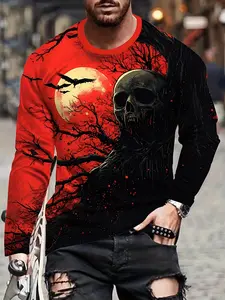 Men's Halloween Casual Skull Sunset Pattern T-Shirt Fitted, Breathable Polyester Fiber, Long Sleeve, Round Neck, Ideal for Daily Wear