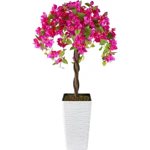 Artificial Bougainvillea Tree 4FT, Fake Silk Floral Tree with White Planter, Decorative Topiary Plant, Potted Faux Flower Tree for Home Porch Decor Indoor Outdoor
