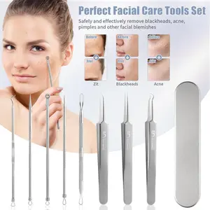 8-Piece Blackhead Remover Tool Kit, Stainless Steel Comedone Extractor Set with Curved Acne Tweezers & Metal Case, Silver