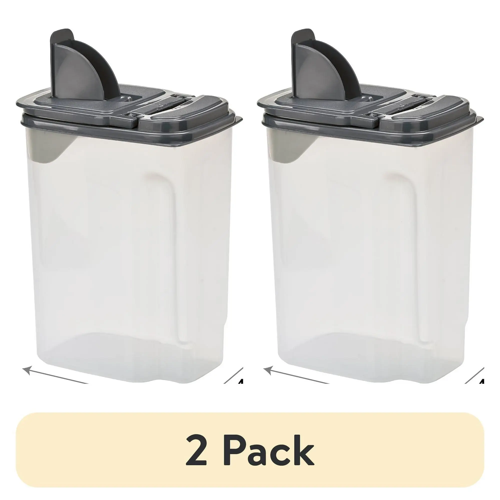 2 Pack 3.5 Qt Plastic Food Dispenser, Clear with Grey Lid - All Purpose Kitchen Storage Container for Sugar, Flour & Dry Goods - 7.5"L x 3.75"W x 9.25"H