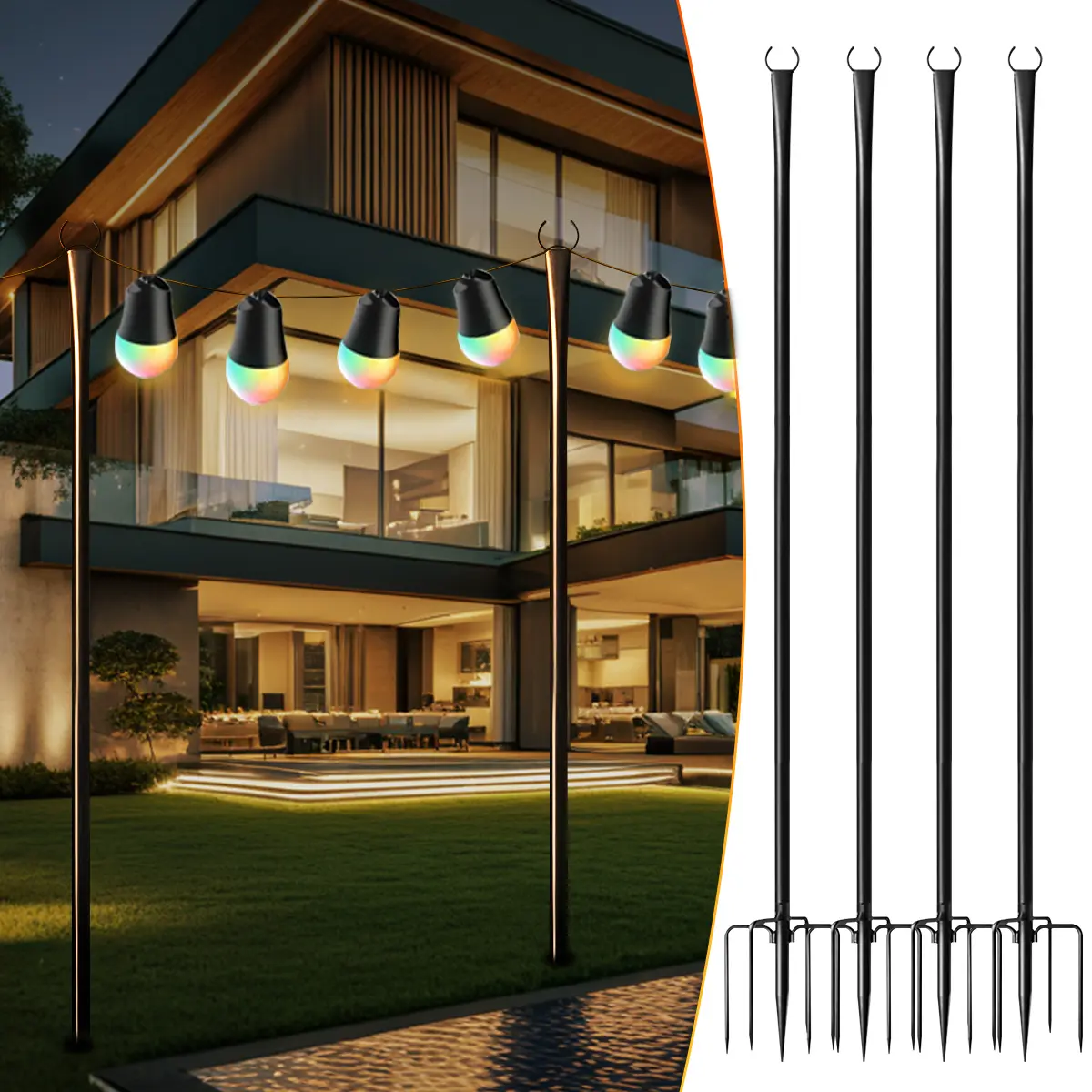 Outdoor light poles and string light poles with fence brackets, suitable for outdoor hanging lights, with metal brackets, secure installation, durability, and a stable base. Led Lighted