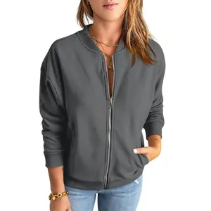 Fisoew Womens Zip Up Sweatshirts Jackets Long Sleeve Casual Loose Outwear with Pockets Outerwear Coats Crew Neck Full Zip-Up Design Clothes Womenswear