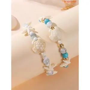 Bohemian Handmade Beaded Bracelet With Turtle And Starfish Charms Adjustable Boho‑Style Couple Jewelry For Daily Wear And Beach Vacation