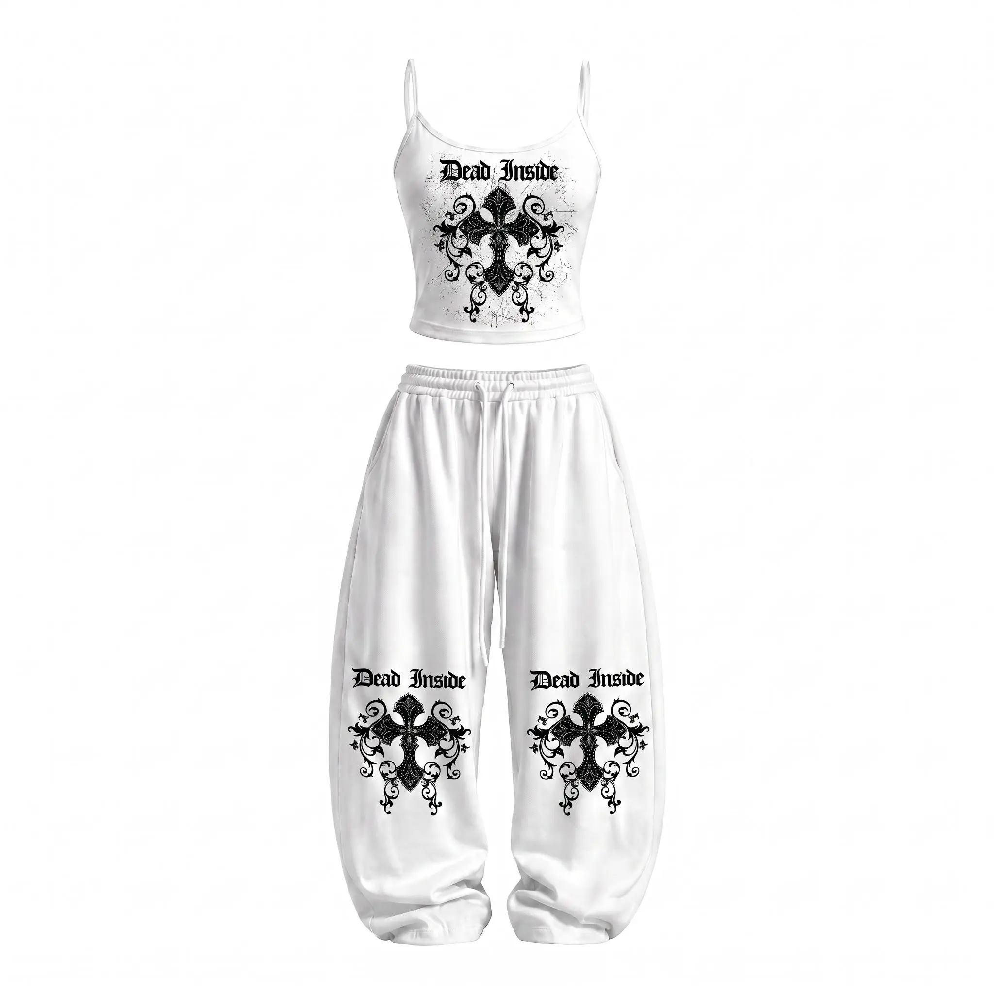 Y2K Gothic Cross Wings Graphic 2-Piece Outfit Set | Slim Fit Cami Top & Wide Leg Baggy Pants in Red & White