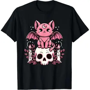 Kawaii Pastel Goth Cute Creepy Cat Bat Skeleton Men Women Summer Casual Shortsleeve Cotton T-Shirt Streetwear Tshirt