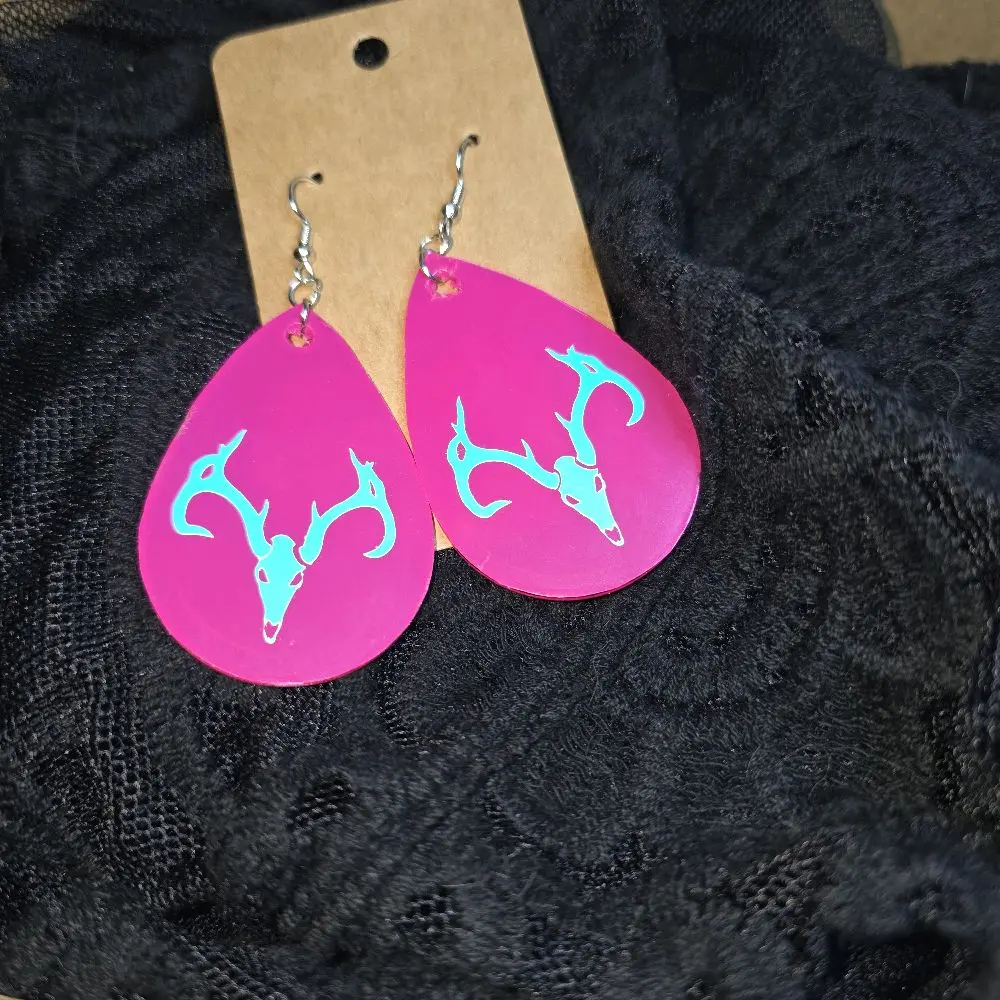 Pink Teardrop Earrings with Teal Deer Skull Design Fashionable Dangle Jewelry for Women