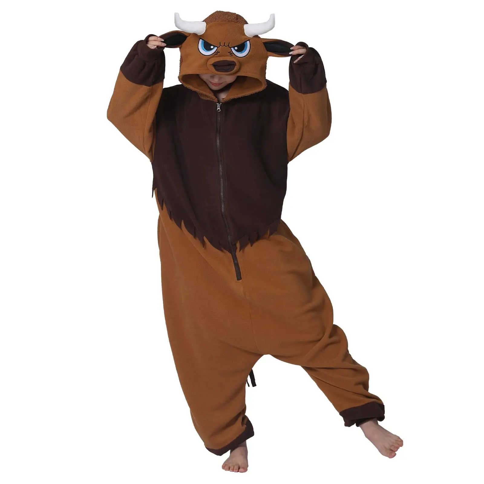 Women's Plain Fleece 1-Piece Cow Costume Pajamas with Cow Head Hood - Halloween Cosplay, All-Season, Easy On/Off, Festive Party Wear, One-Piece