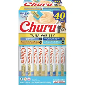 Churu Cat Treats, Grain-Free, Lickable, Squeezable Creamy Purée Cat Treat/Topper with Vitamin E & Taurine, 0.5 Ounces Each Tube, 40 Tubes, Tuna Variety Box
