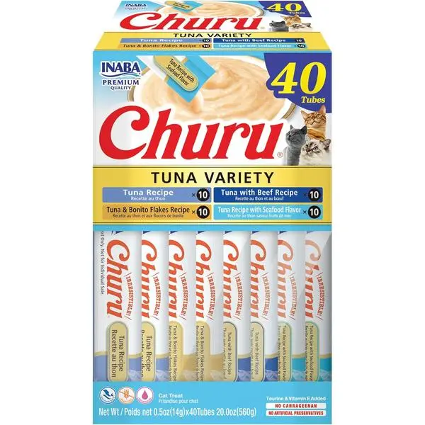 Churu Cat Treats, Grain-Free, Lickable, Squeezable Creamy Purée Cat Treat/Topper with Vitamin E & Taurine, 0.5 Ounces Each Tube, 40 Tubes, Tuna Variety Box
