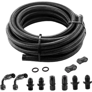 6AN Automatic Transmission Cooler Kit Compatible with 4L60E 4L65E - Nylon Braided Fuel Line Hose Kit with Separator Clamp - 15FT Black