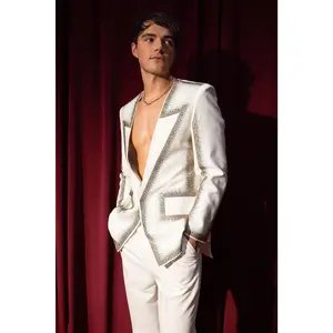 Barabas Chiba Rhinestone Blazer - Elegant Collarless Long Sleeve Fitted Blazer with Geometric Patterns for Wedding Wear Dry Clean Only Formal Fabric Menswear Pocket Suits Trouser