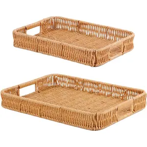 Woven Serving Tray with Handles,Handmade Poly Wicker Tray for Storage Breakfast,Drinks,Fruits,Rectangular Basket Organizer Platters for Coffee Table Centerpiece Decor (2, Light Color)