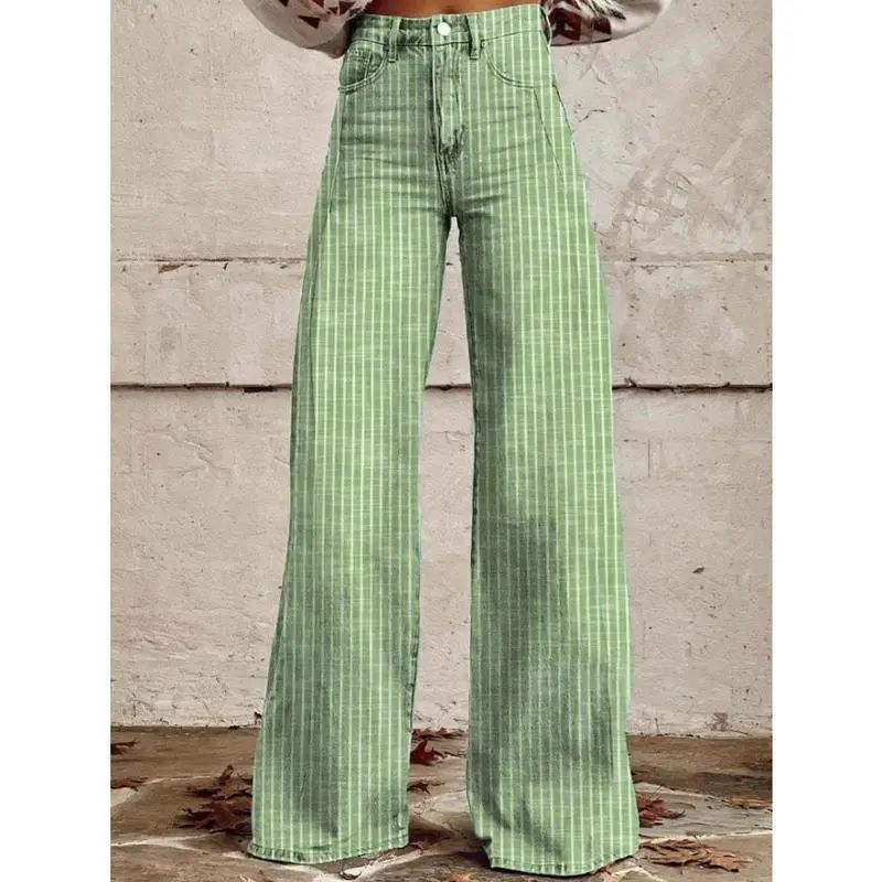 Women's Retro Striped Jeans - High-Rise Wide-Leg Boyfriend Fit in Soft Cotton Denim with Pockets, Cozy Body Feeling, Classic, Cold Wash