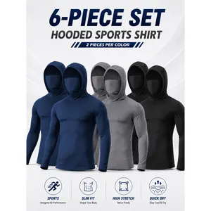 3/6 Pack Men’s Hooded Sports Shirts, UV Sun Protection Quick Dry Breathable Long Sleeve Hoodie with Mask for Fishing Work Outdoor