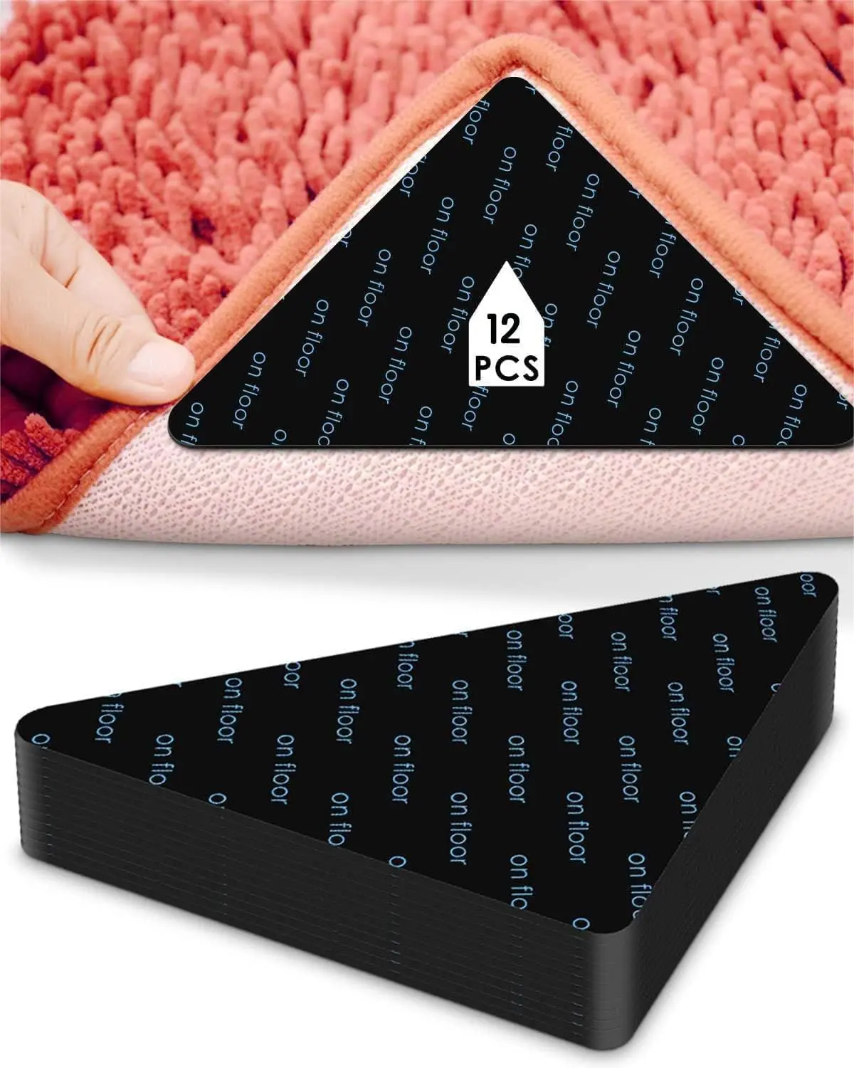 Rug Tape,Carpet Tape,Rug Pads Grippers,Non Slip Rug Pads,Reusable Carpet Tape for Area Rugs,Non Slip Rug Pads Grippers for Hardwood Floors and Tiles,  Double-Sided Adhesive Rug Stickers Keep Corners Flat (Black/12PCS)