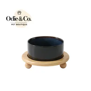 Elevated Ceramic Dog Bowl with Wooden Stand