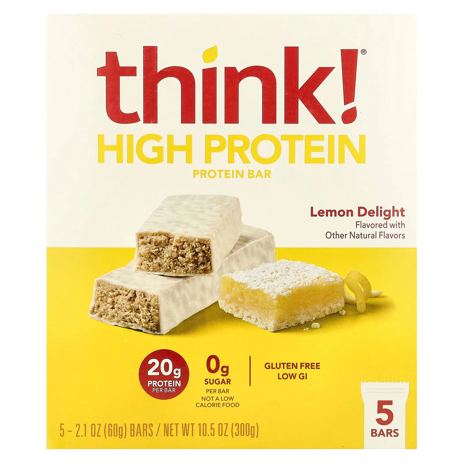 Think ! High Protein Bars, Lemon Delight, 5 Bars, 2.1 oz (60 g) Each