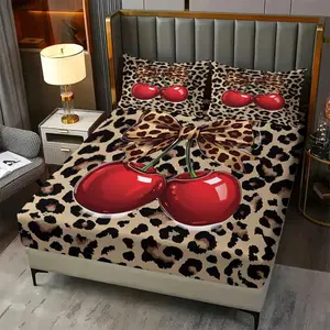 3Pcs Leopard Print Pattern Fitted Sheet Set, Chic Digital Printing Bedding Set with Glossy Red Cherries Design, Soft Microfiber Bedspreads, Ideal for a Cozy Modern Bedroom Makeover! Includes 2 Pillowcases, No Pillow Core