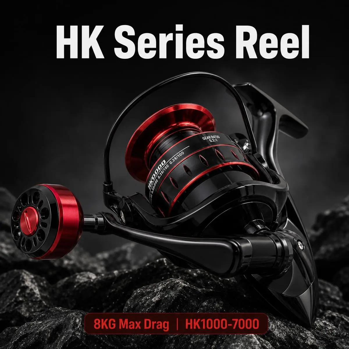 HK Series Reel 8KG Max Drag HK1000-7000 Fishing Reel with Red and Black Design for Enhanced Performance