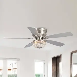 Parrot Uncle 48-inch Modern Flush Mount Indoor Reversible Crystal Ceiling Fan with Remote Control and Lighting or Bedroom Low Profile