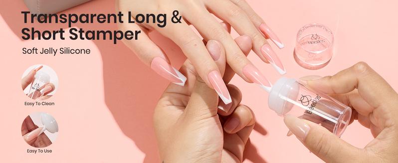 Beetles Nail Stamp, 4Pcs French Tip Tool Easy Manicure Nail Stamper Single Head Soft Silicone Long & Short French Tip Stamp Tool with 2Pcs Nail Scraper Decorations Valentine's Day Gift for Women