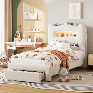 Twin Full Led Bed Frame for Kids with Drawer, Upholstered Sturdy Platform Bed with Storage Headboard and Charging Station, Noise Free, Easy Assemble, for Girls/Boys, Beige