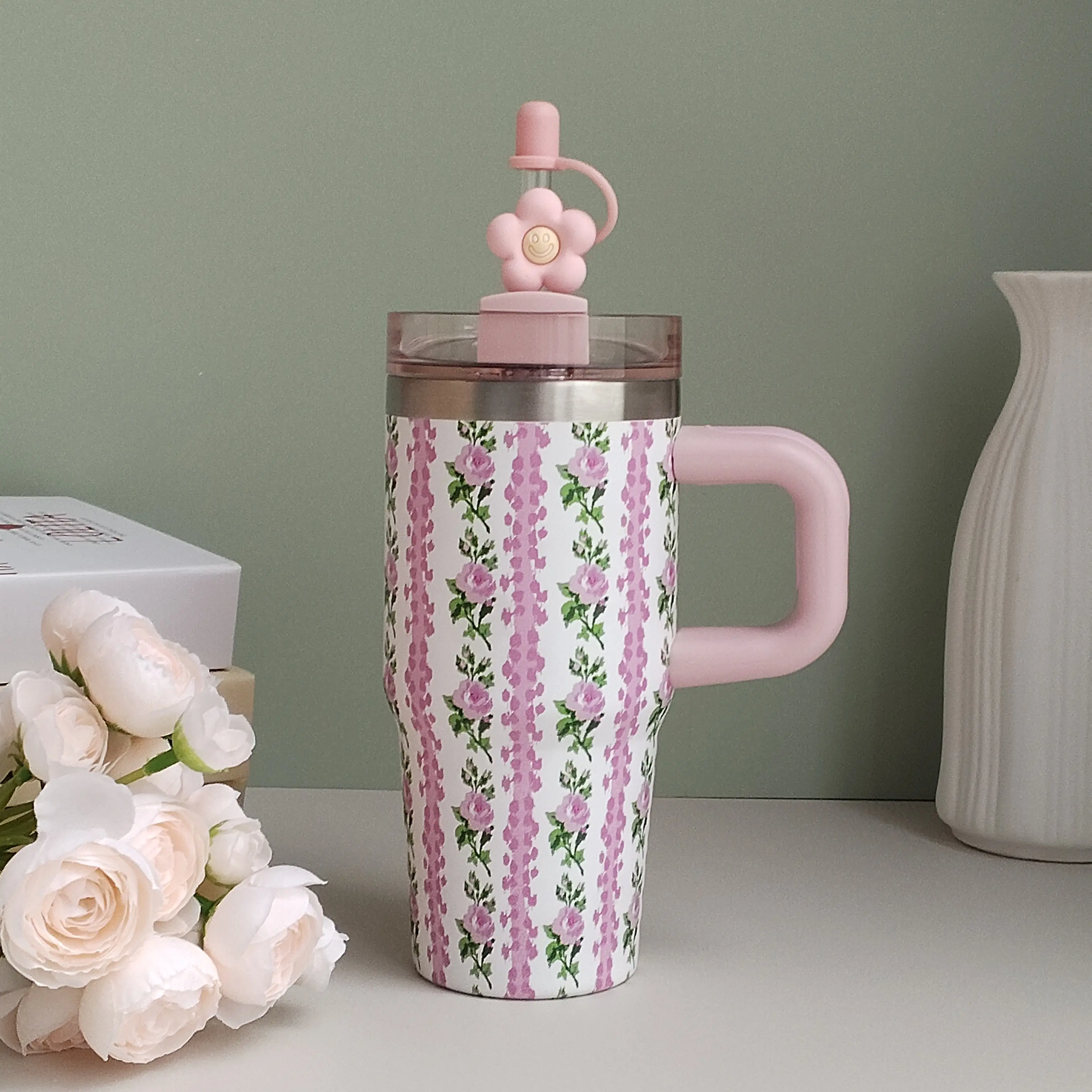 Leak-Proof Insulated Tumbler with Flip Straw & Cup Holder Fit Flasks Lid Drinkware 14oz Blooming Flowers Series