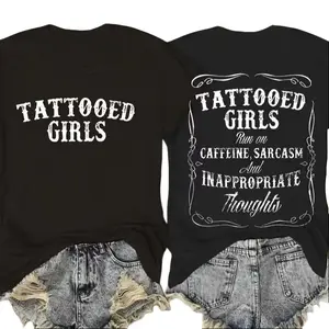Women's Soft Fitted Short-Sleeve Cotton T-Shirt, Retro Round Neck Casual Streetwear Top - Black T-Shirt with Tattooed Girls Caffeine Sarcasm Graphic Statement Design