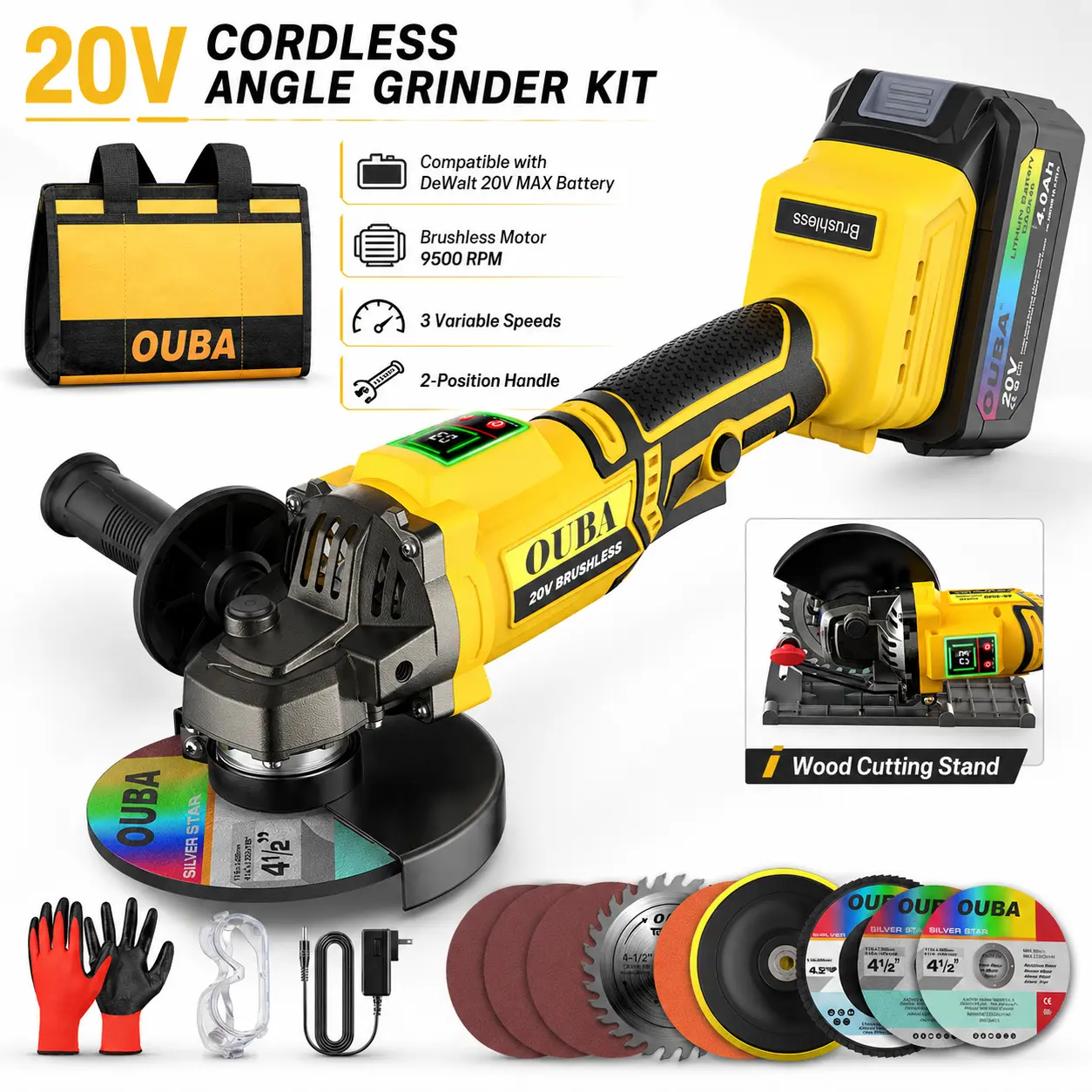 OUBA 20V Cordless Angle Grinder-Compatible with Dewalt Battery 20V Max Battery 3-Speed, LED, 4-1/2" Cutting Wheel & Flap Disc