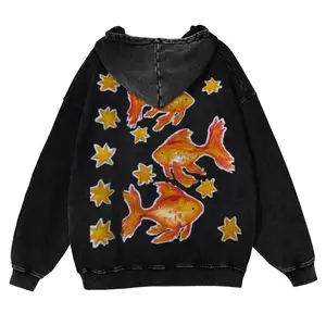 Koi Group Back Print Casual Washed Hoodie